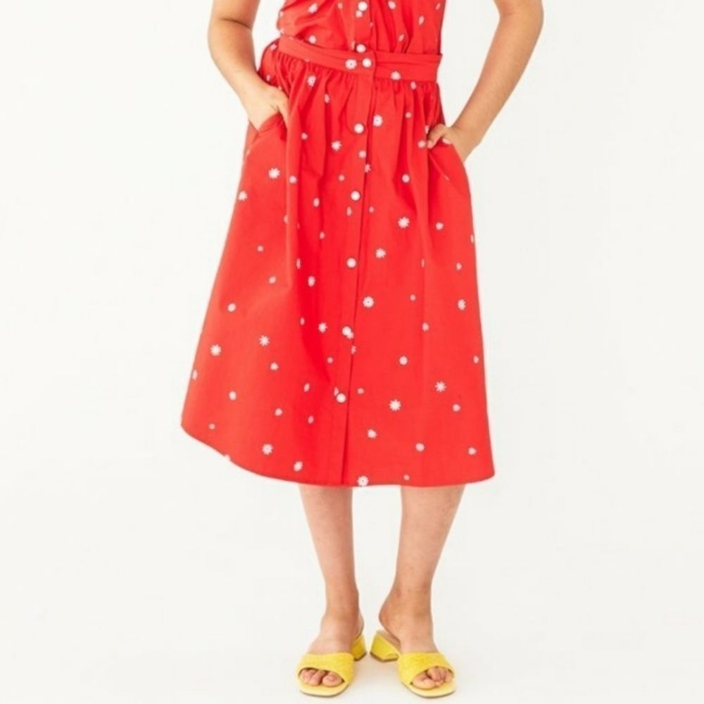 Ban.do Red Easy Button Up Daisy Floral A-line Pocket Cotton Midi Skirt S/M